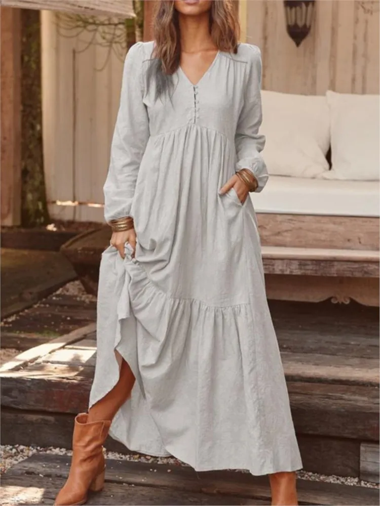 Women\'s Button Cotton And Linen Retro Casual Long-sleeved Dress Autumn New Fashion Solid Elegant Beach Party Dresses Robe Femme