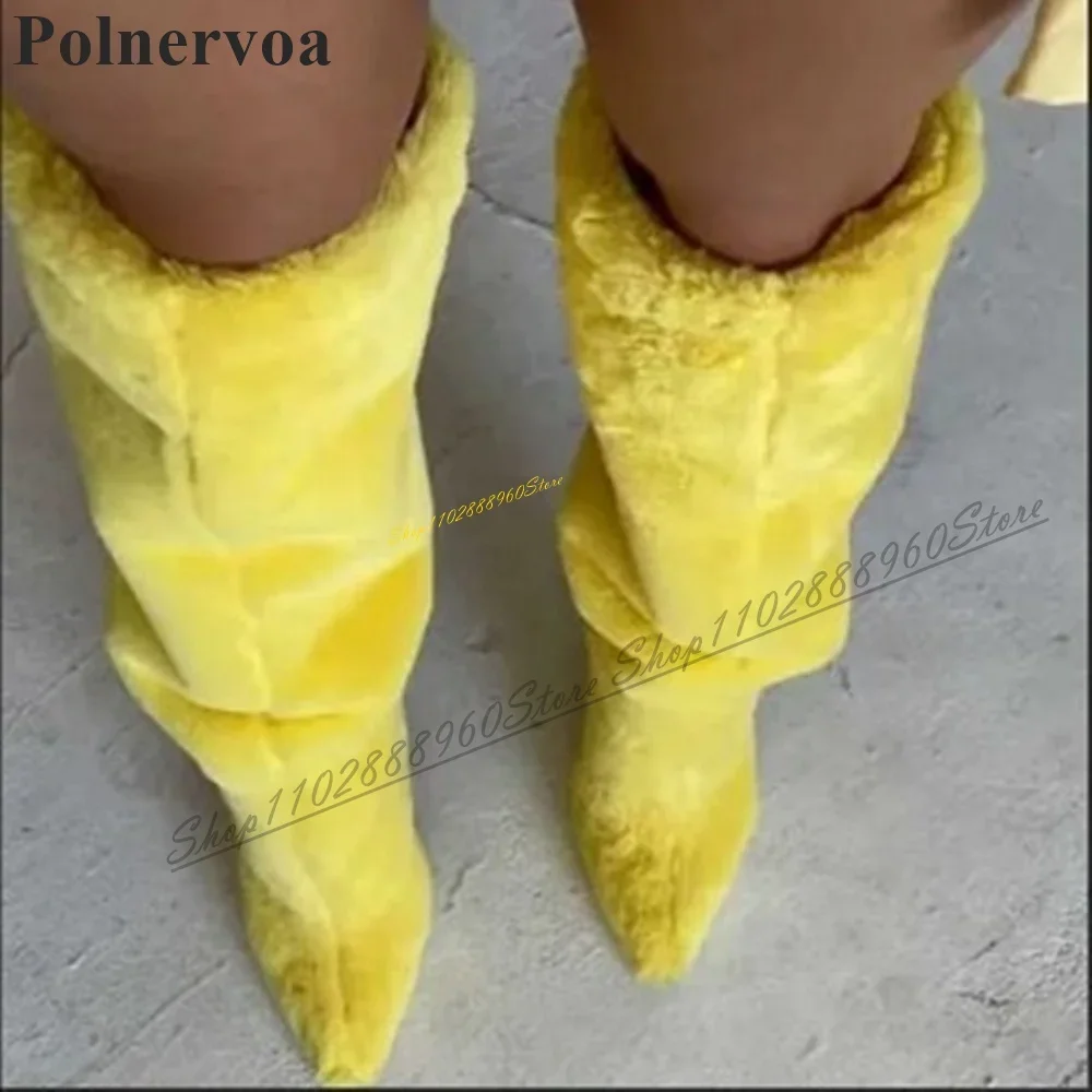 

Stylish Knee High Yellow Fluff Warm Boots Thin High Heel Shoes For Women Slip On Pointed Toe 2024 Fashion Zapatos Para Mujere