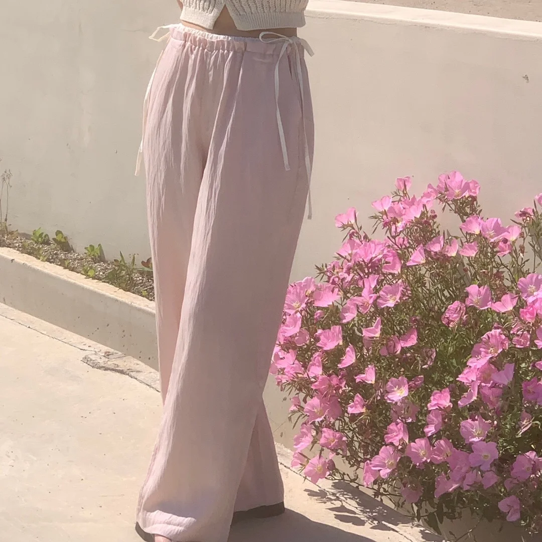 ハイウエストワイドレッグカジュアルパンツ レディース 夏 エレガント ノットタイ スプライス ロングパンツ 快適 通気性 おしゃれ