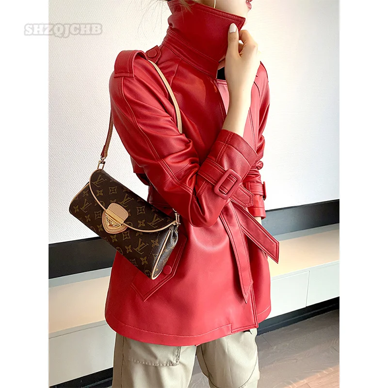 Genuine Leather Leather Women's Autumn Fashion Tunic Mid Length Sheepskin Windbreaker Ladies' Coat