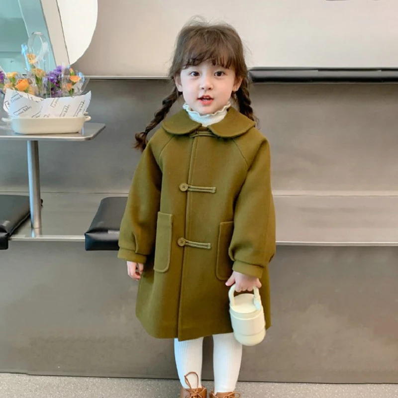 

Girls Warm Woolen Coat Autumn Winter Girls Doll Neck Single Breasted Clip Cotton Outerwear Fashion Kids Long Loose Overcoat 2025