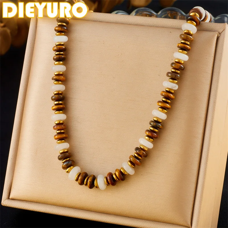 DIEYURO 316L Stainless Steel White Jade Tiger Eye Stone Round Flat Multi-color Interval Beads Necklace Womens New Jewelry Gift