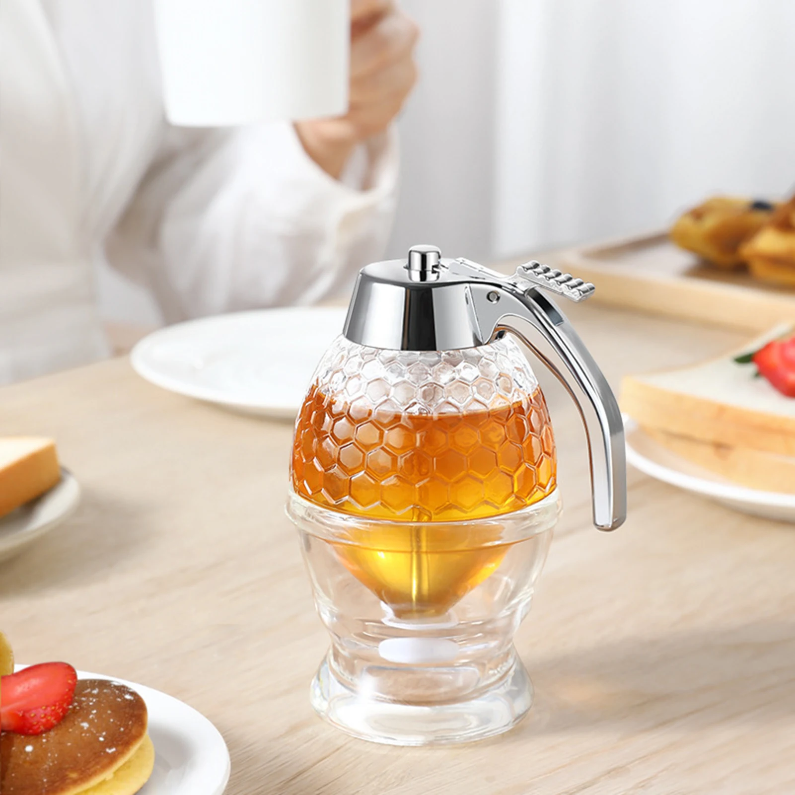 

Syrup Honey Jar Bottle Dispenser One-handed Handling No Drip Bottle for Syrup Sugar Sauces Condiments