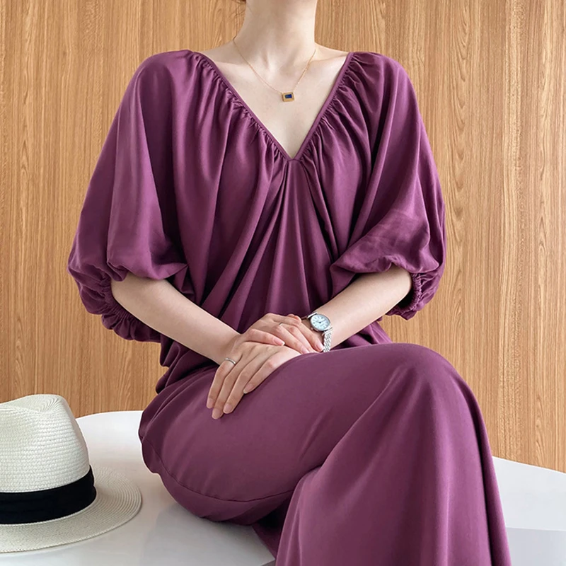 Schicker V-Ne Plissee Loose Batwing Sve Dr Korean Sle Commute ort Sve Long Dr Sommersaison Reine Farbe