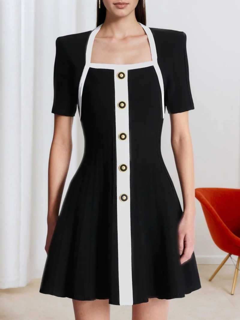 فستان قصير أنيق على طراز OL ملابس صيفية للنساء بأكمام قصيرة وياقة مربعة فساتين مرقعة للحفلات المسائية والنوادي