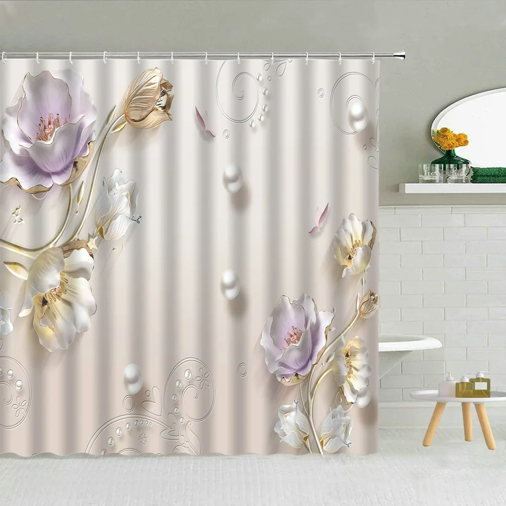 Pearl Diamond Flower Shower Curtain Luxury Jewelry Print Bathroom Decoration Women Waterproof Fabric Bathtub Screen with Hooks