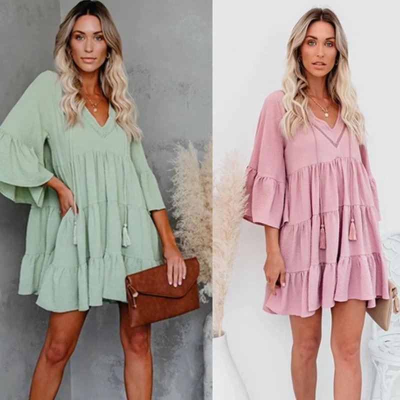 2023 Pregnant Woman Summer Clothes Sweet Short Flare Sleeve V-neck High Waist Maternity Chiffon Dress Korean Style A-line