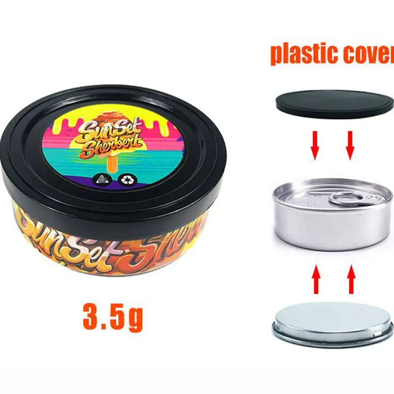 3.5G Tin Container with Lid Metal Dry Herbal Flowers Container Sticker Set Random Pressitin Box Tuna Packaging