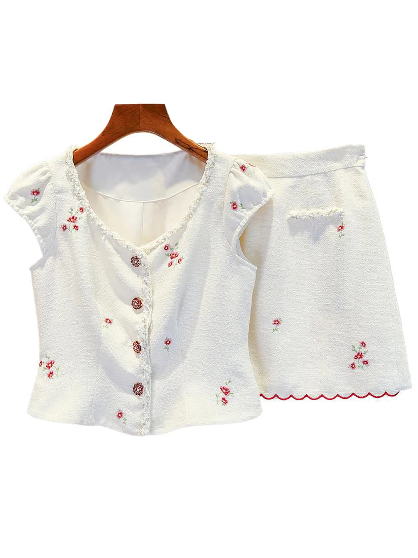 Conjunto de Moda Fena de Luxo com Colete e Meia Saia em Tecido Tweed sso Manga Curta Decote em V com Botões Fibra de P...