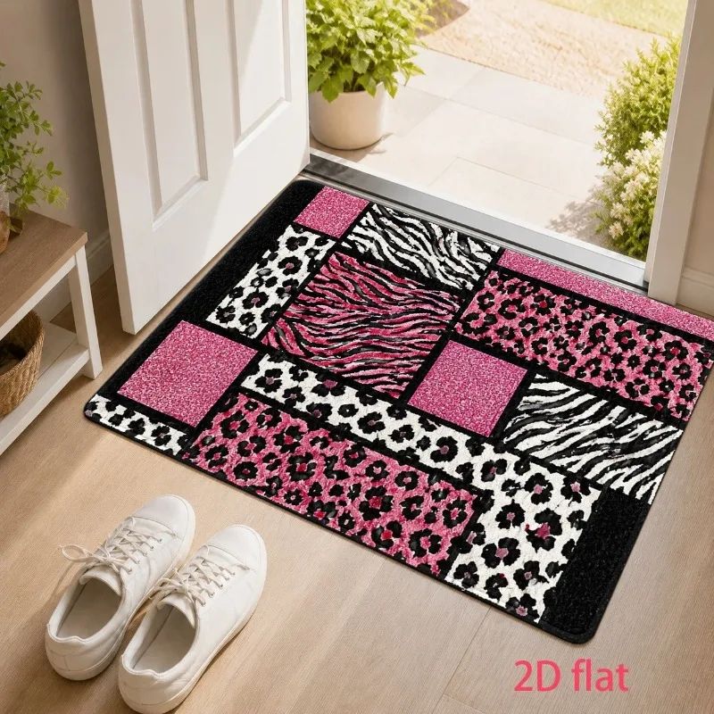 Vibrant Leopard Zebra Patchwork Door Mat Pink Black Stripe Print Non Slip Rug Front Entry Indoor Home Decor Flannel Floor Rug