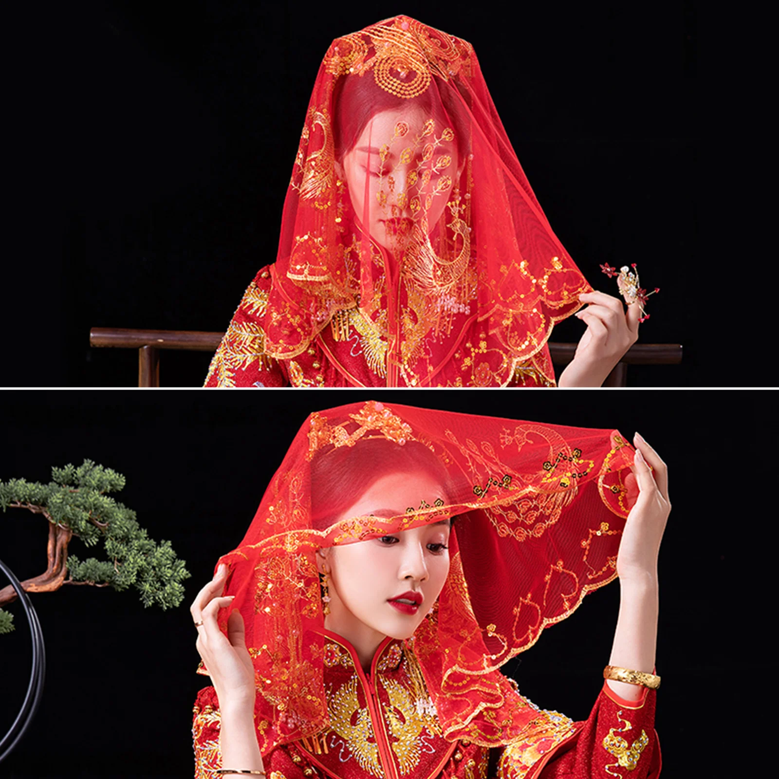 Bride Peacock Veil Wedding Photo Lace Mesh Translucent Chinese Style Sequins Yarn Red
