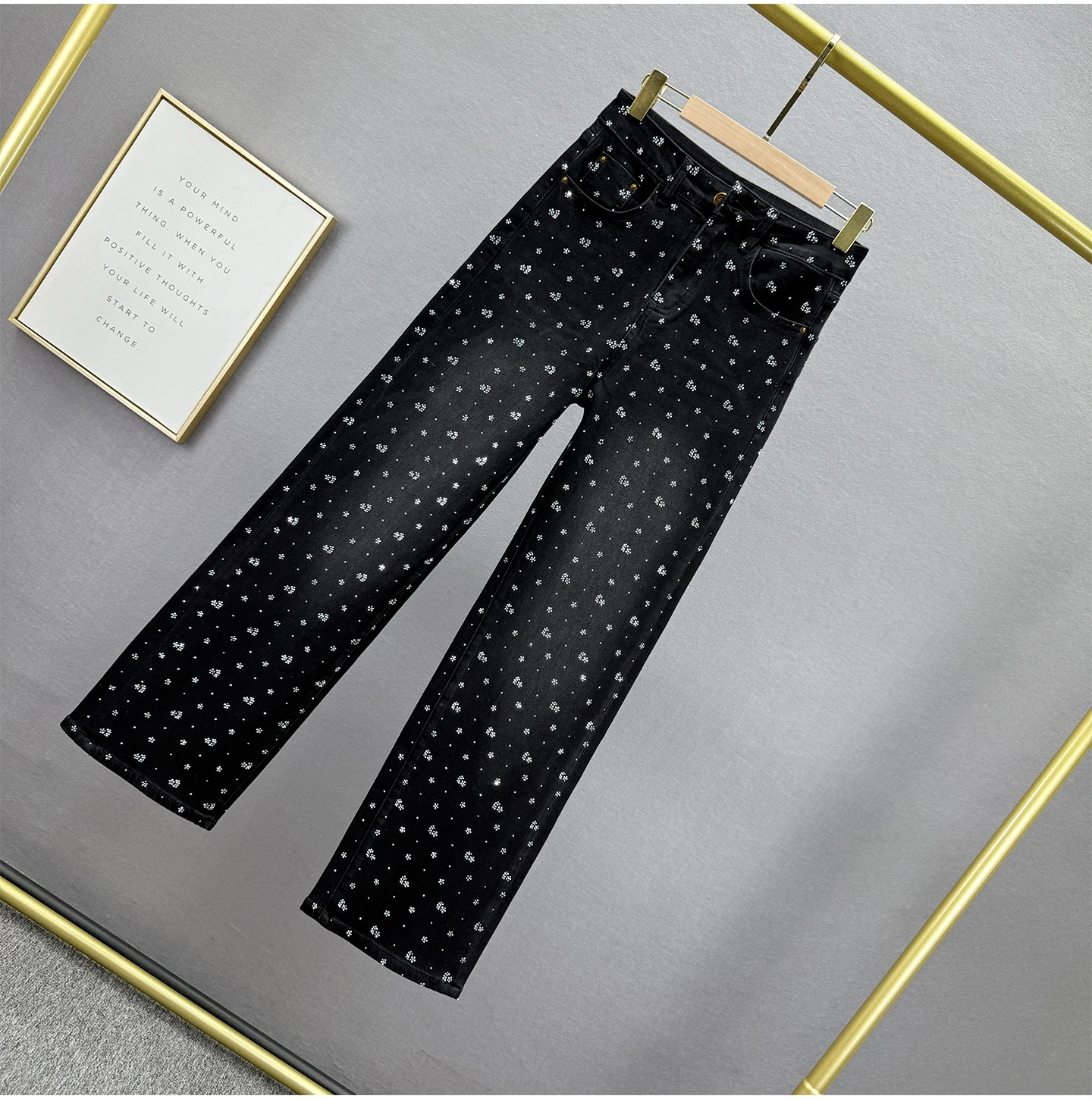 حجر الراين الجينز للنساء أسود مستقيم الساق السراويل 2025 الخريف جديد عالية الخصر فضفاض تمديد السراويل عالية الخصر الجينز