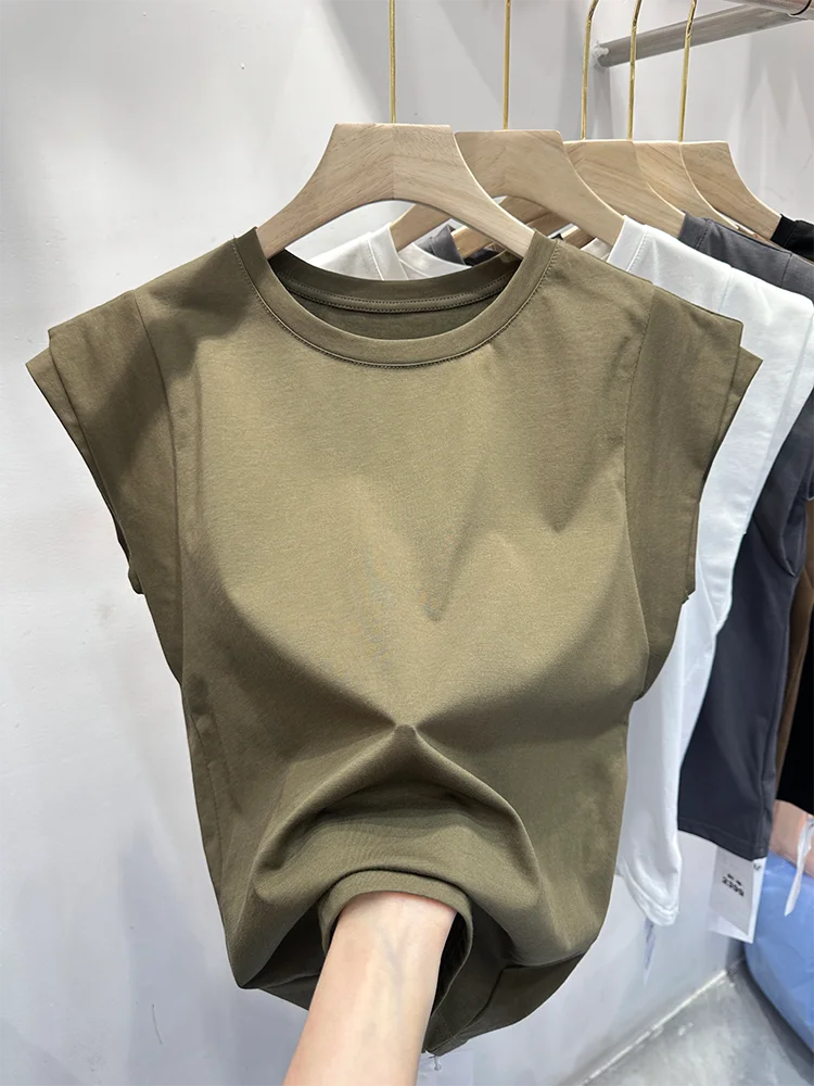 Internet Famous Popular Flying Sleeve T-shirt for Women with Round Neck, New Minimalist Slim Fit Sleeveless Top for Summer 2024