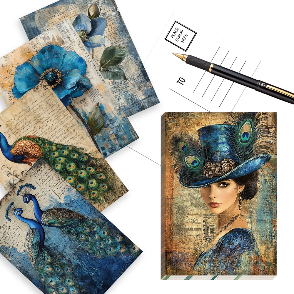 32 Stück Vintage Peacock Blues Art Postkarten, Frauen-Themen-Illustrationskarte, dicker Karton, hochauflösender Druck, Geschenkkollektion