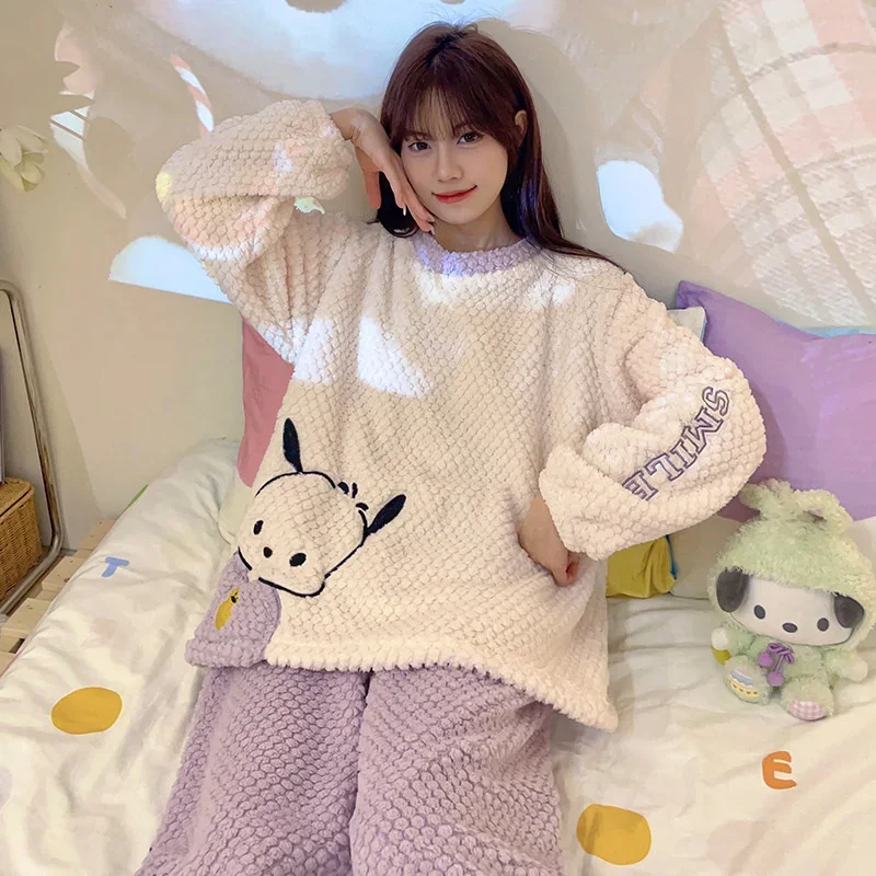 2023 Winter New Kawaii Sanrio Cinnamoroll Pajamas Pochacco Cartoon Anime Cotton-Padded Thickened Round Neck Home Clothes Set