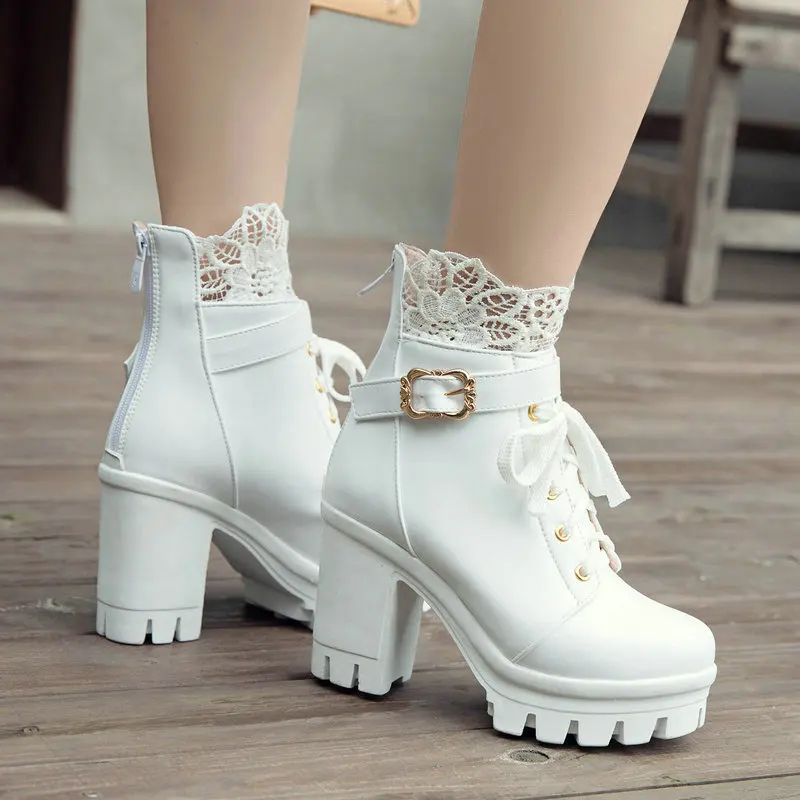Lace Border Buckle Strap Round Toe Lovely Sweet Cosplay Lace Shoes Bootie Cross-tied Block High Heels White Ankle Platform Boots
