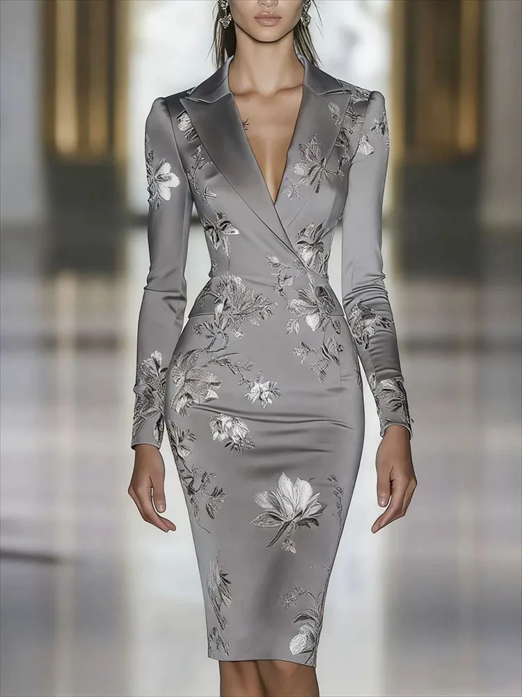 우아한 럭셔리 플로럴 프린트 바디콘 미디 드레스 레트로 브이넥 긴팔 핏 연회 드레스 기품 있는 하이웨이스트 랩 힙 드레스