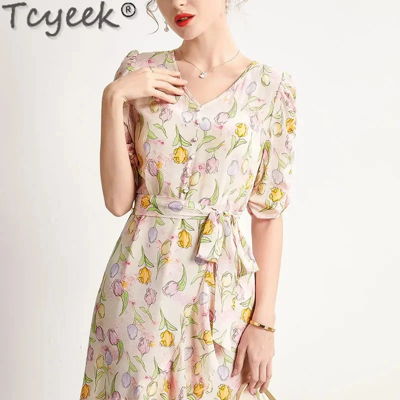 Women Tcyeek 100% Real Mulberry Silk Midi es 2024 Chic and Elegant Woman Dress Belt Spring Summer Clothes Printing