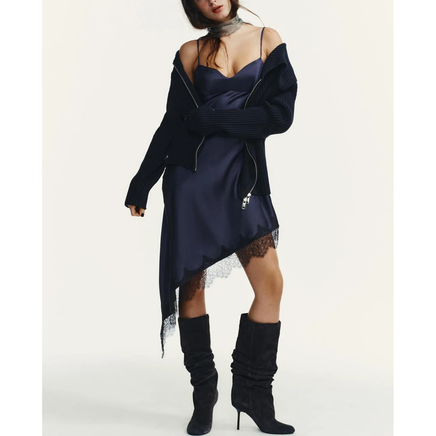 Hiver nouveau femmes Ins Sle coeur col soie Satin sensation dentelle asymétrique Dr v-ne Svel coupe ajustée décontracté Dr