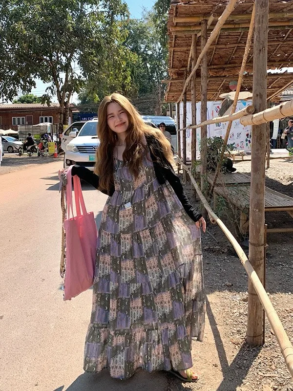 

plus Size Women's Vintage Printed Strap Dr Summer New Loose Meat Covering A-Line Skirt High Waist Long Dr Korean Sle