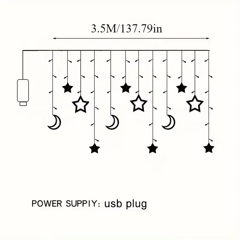 USB-Powered LED Star Moon Curtain String Lights Warm/Multicolor Hanging Romantic Atmosphere Lamp for Indoor Party Ramadan Decor
