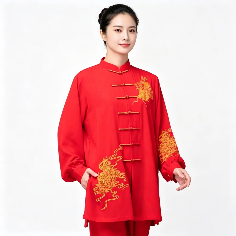 New Unisex Tai Chi Wushu Costume Goldenn Pattern Embroidery Kung Fu Set Stand Collar Martial Arts Training Outfit