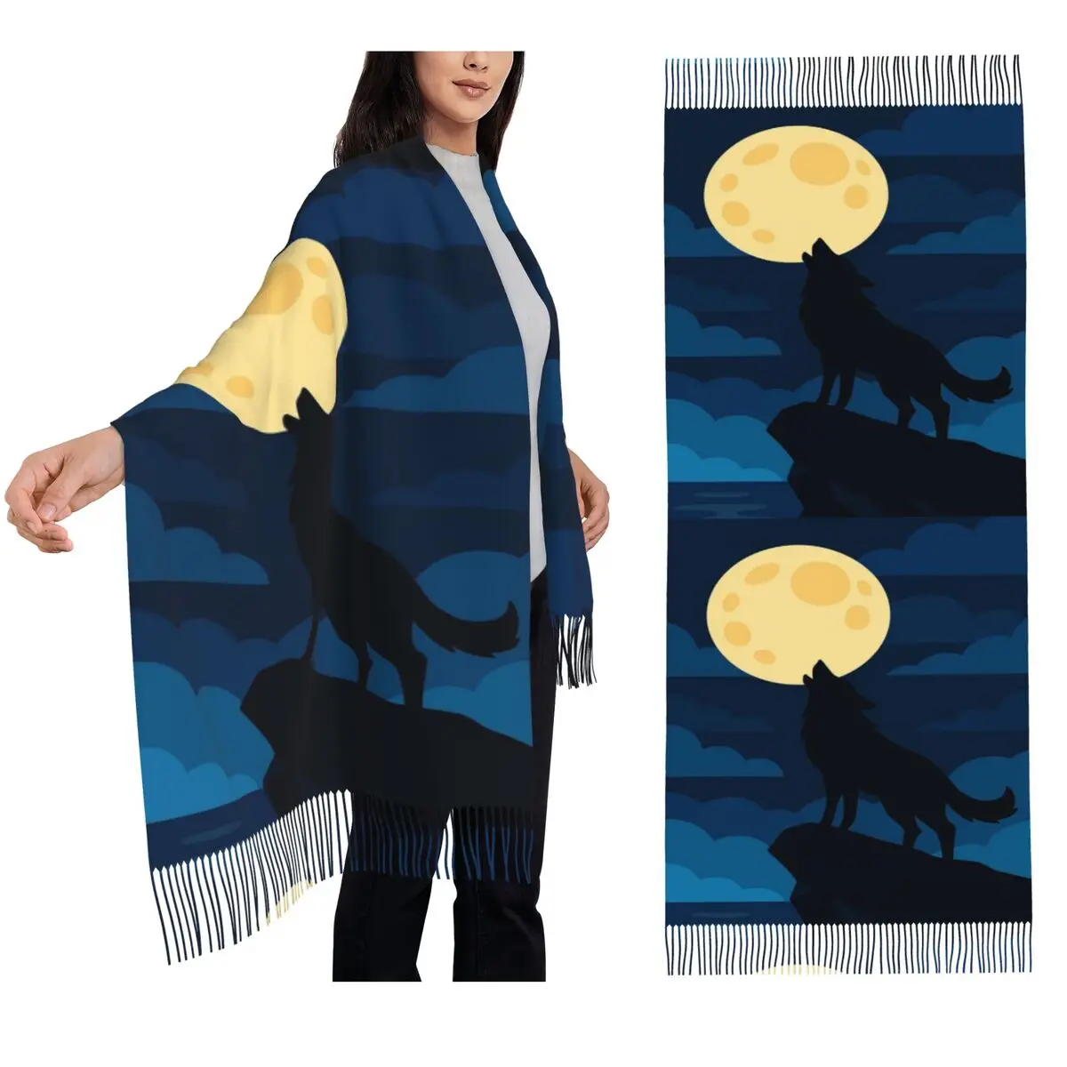 

Howling Wolf Beneath Full Moon Плоский векторный художественный шарф Шарфы с кисточками Женские мягкие теплые шали и накидки Длинная осенне-зимняя шаль