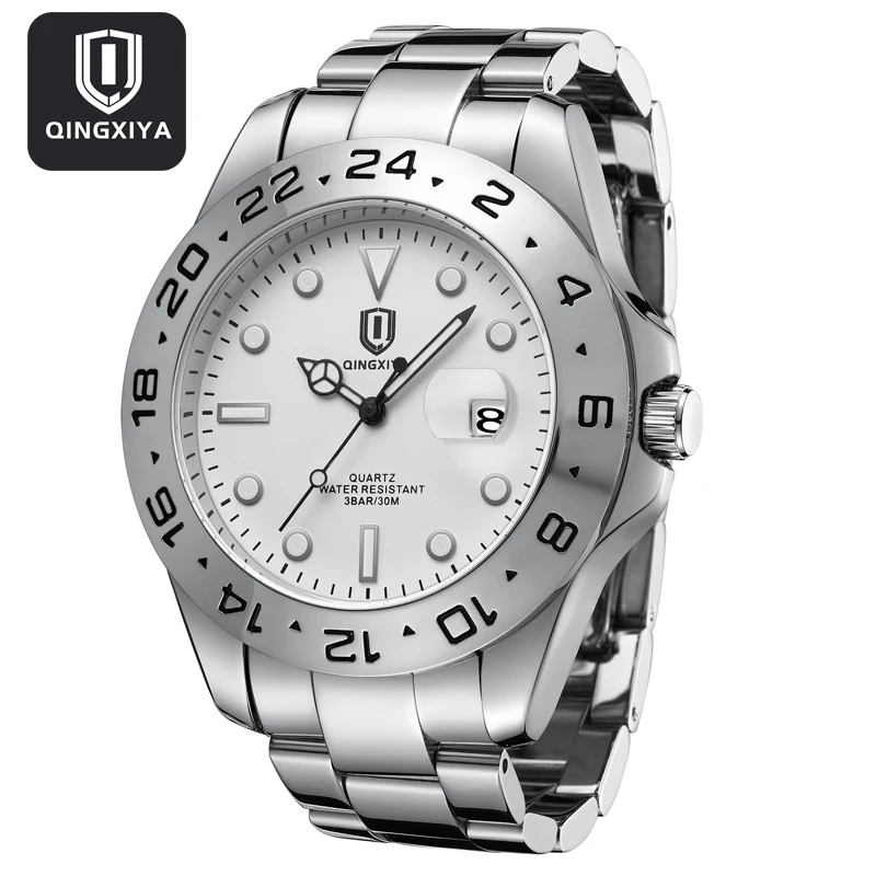 QINGXIYA Top Brand Luxury Solid Stainless Steel Quartz Watch for Men Waterproof Luminous Hands Date Sport Wristwatch Mens Clock