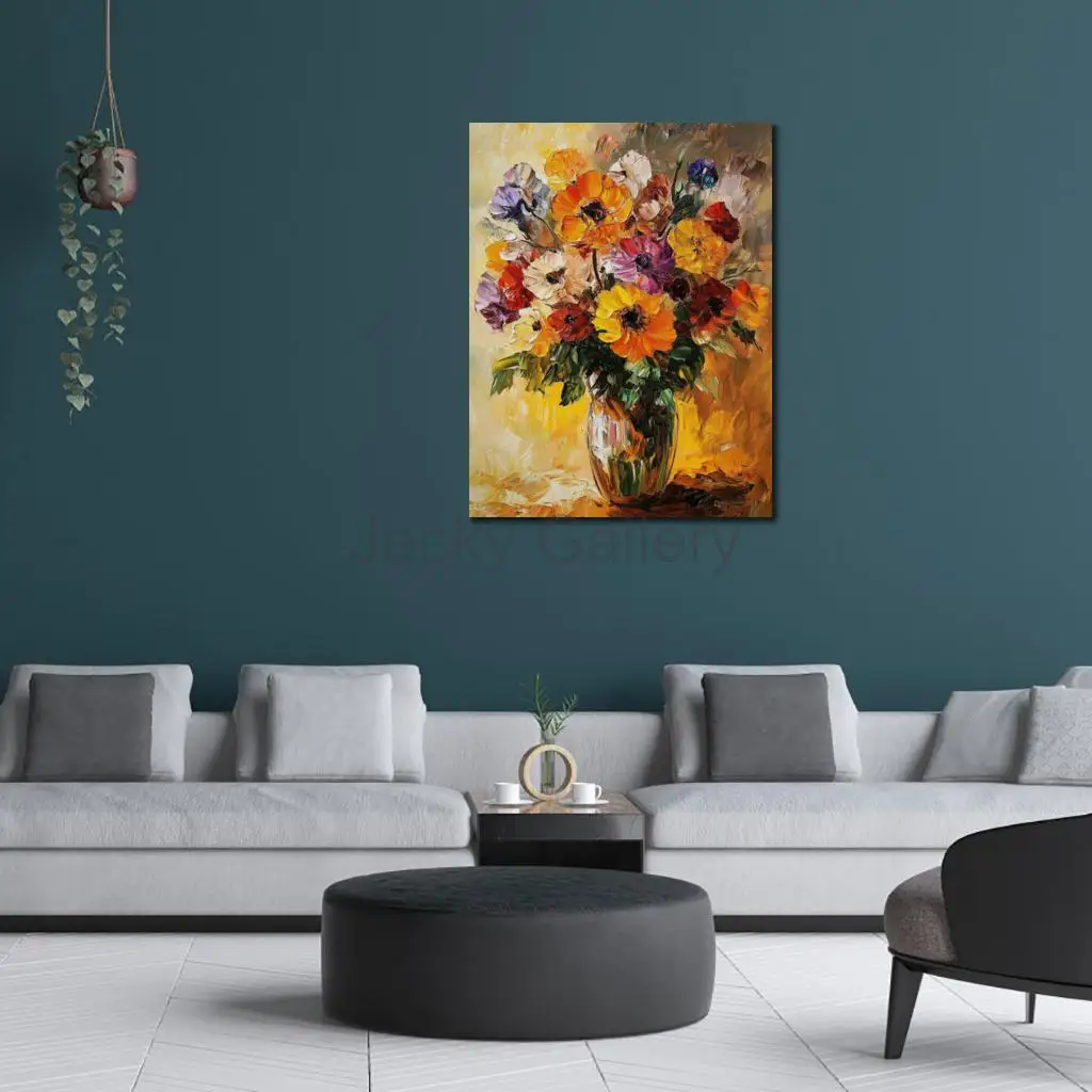 

Hand Painted Textured Oil Painting Wild Flowers Abstract Canvas Art Large Contemporary Wall Decor for Dining Room Hallway