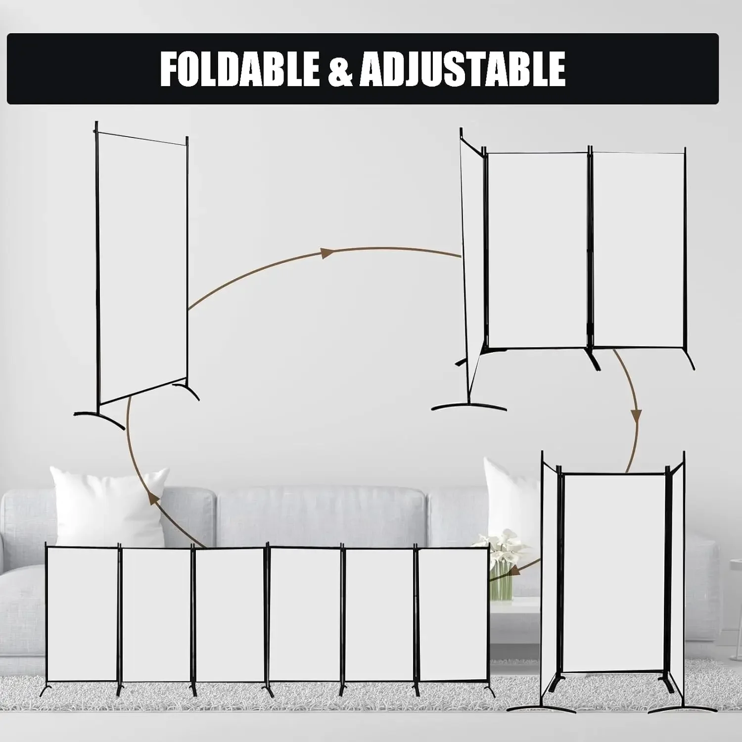 Branco Folding Privacy Screen Divisor de quarto, 6 painéis divisória, divisórias, parede para separação, casa, escritório, sala de aula, 6 pés