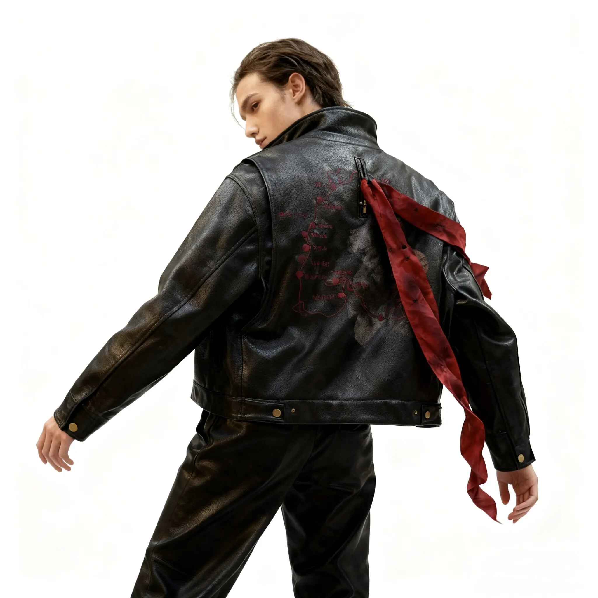 Mauroicardi Spring Autumn Short Black Printed Embroidered Pu Leather Jacket Men with Detachable Red Ribbon Zipper Cool Clothes 8 S0eba3ae8d1e944f2831854ebfbc9fa596