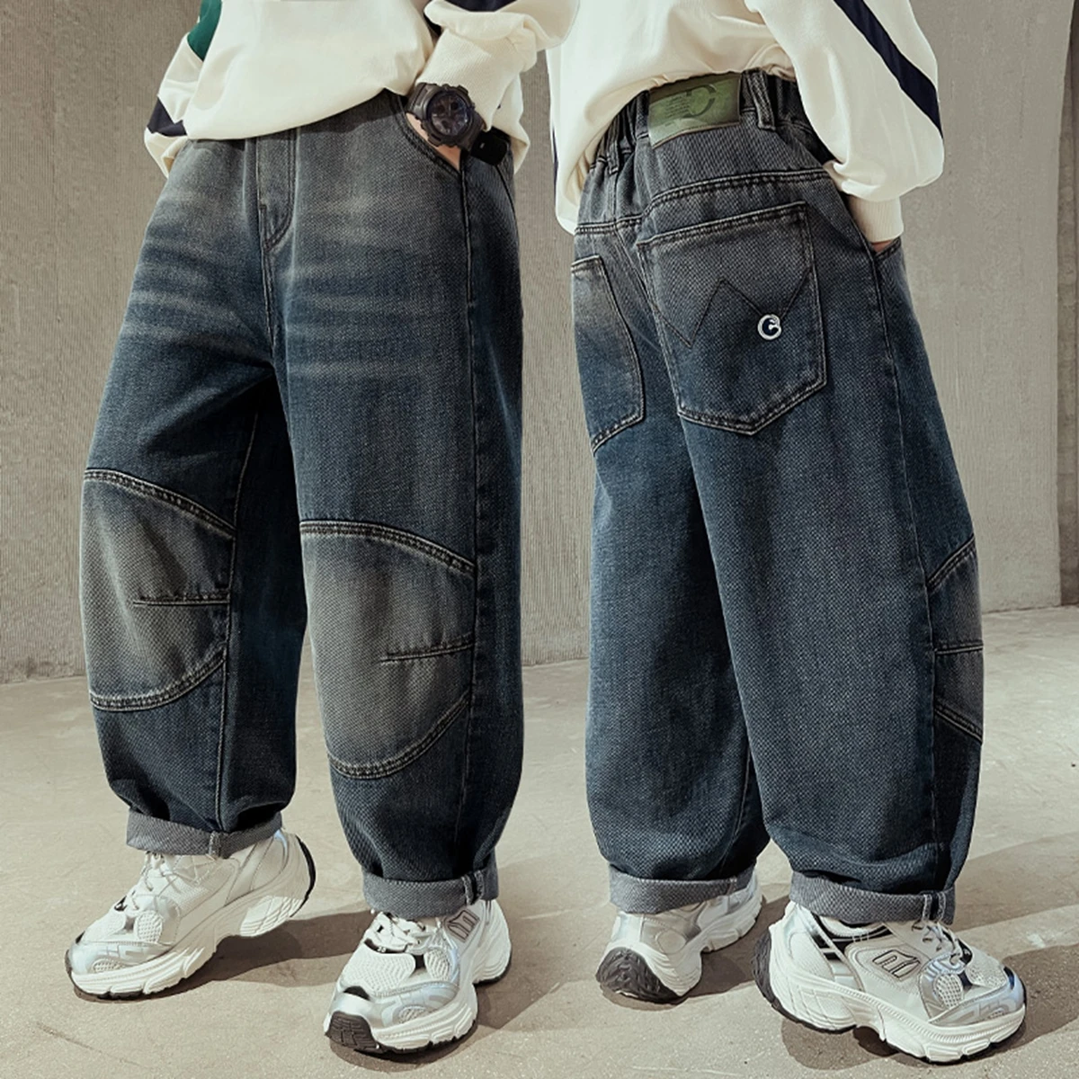 Kids Child y2k Baggy Jeans For Boy Harajuku Vintage Blue High Quality Hip Hop Streetwear Casual Wide Leg Patchwork Denim Pants