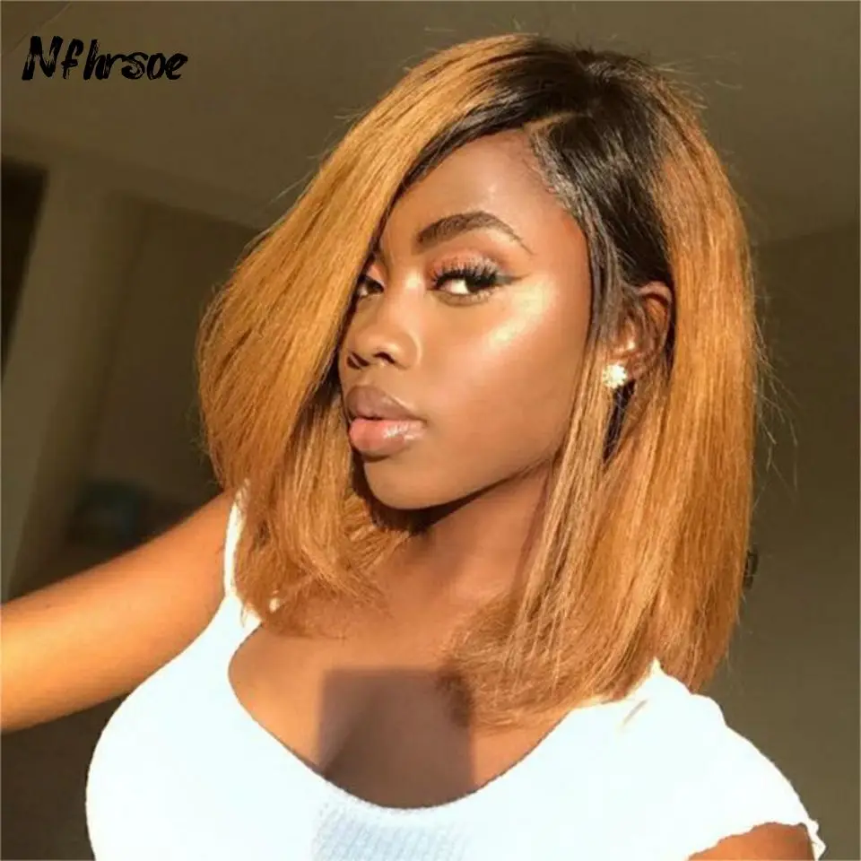 

Highlight Ombre Blonde Colored Short Bob Wig with Brown Root Lace Front Human Hair Wig Straight Closure Bob Wig Frontal Wig