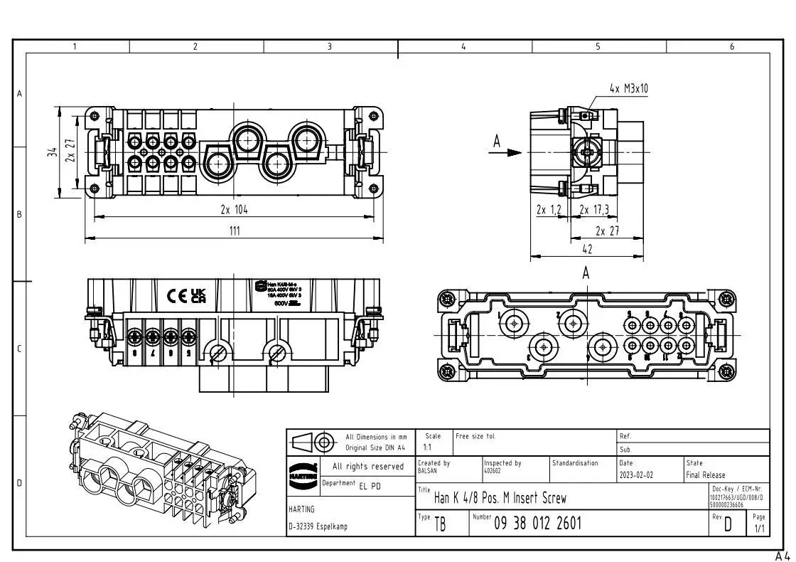 09380122601 HARTING 4+8+ GROUNDED HAN K4/8-M-S MALE CONNECTOR