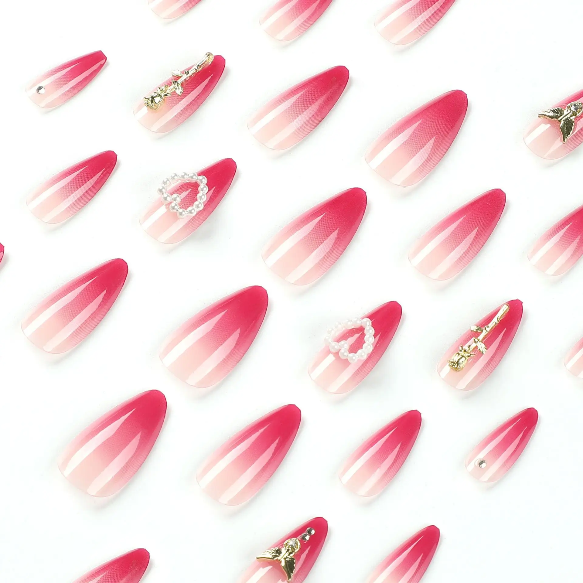 Gradient Red False Nails With Gold Rose Pearl Design Almond Artificial Nail Patch Sweet Korean Press on Nails Manicure Patch