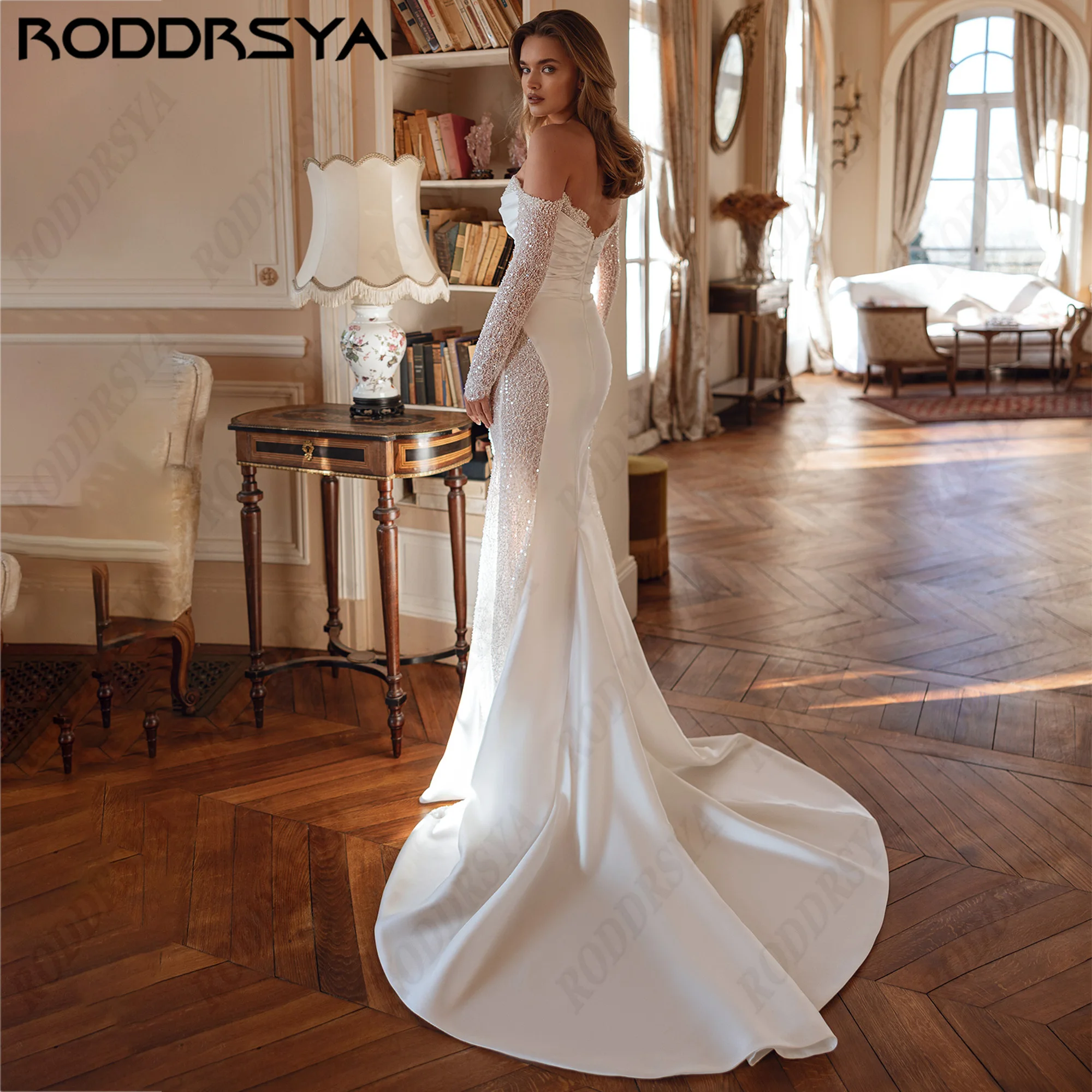 RODDRSYA Off Shoulder Satin Mermaid Wedding Dress Long Sleeve Sequin Lace Bridal Gowns Court Train Bride Dress For Women 2027