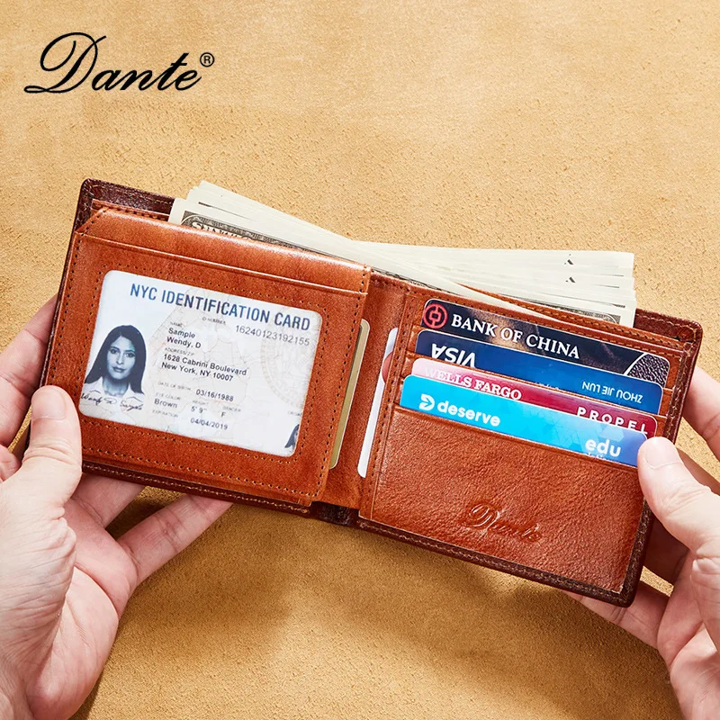 Dante 2023 محافظ جلدية للرجال تتفاعل مكافحة سرقة فرشاة مقاطع قصيرة 100% طبقة الرأس جلد البقر الرجعية محفظة عمودية عادية حقيبة المال