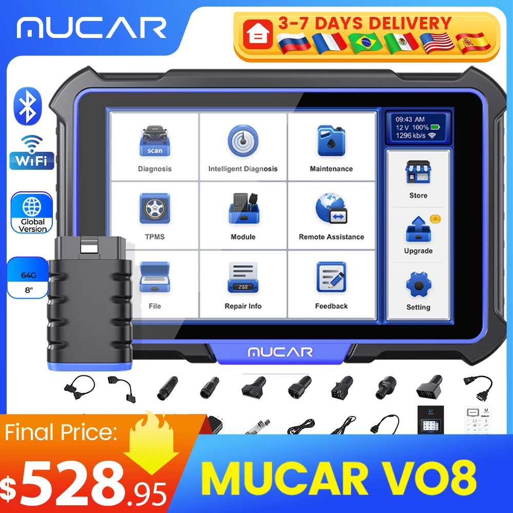 Gobal Version MUCAR VO8 Professional OBD2 Diagnostic Tool OE Full System Obd 2 Scanner Bi-Directional Active Test 34 Resets 64GB