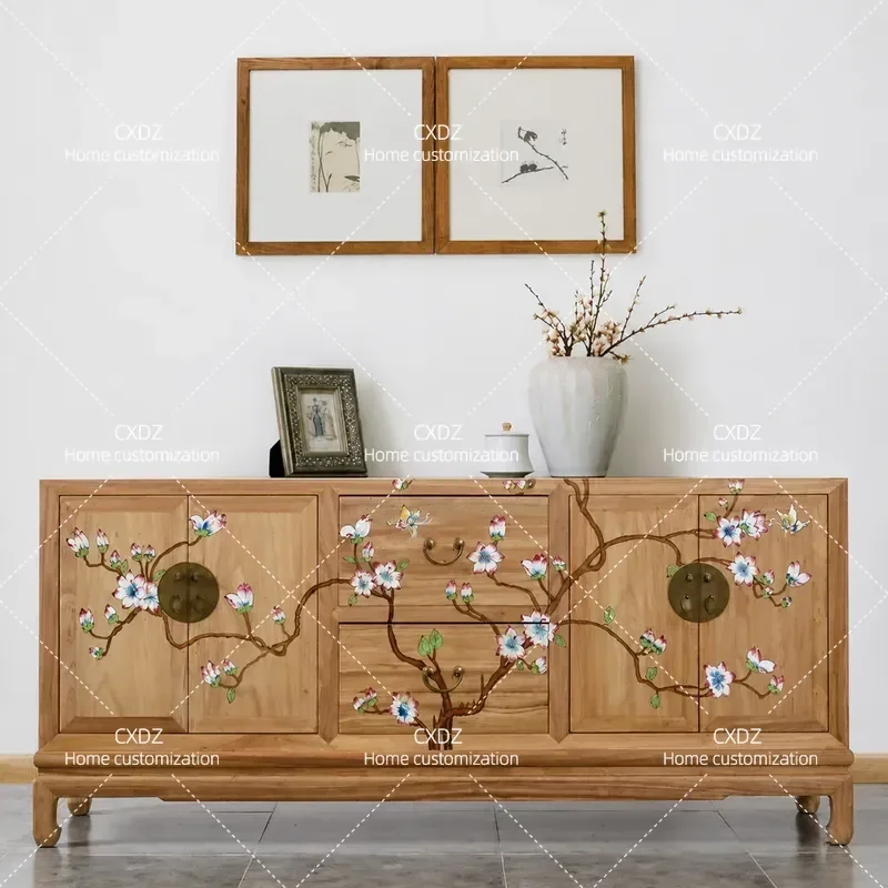 New Chinese Style TV Cabinet Old Elm Hand Painted Pastoral Solid Wood Storage Edge Shoe Cabinet Entrance Decorative Furniture