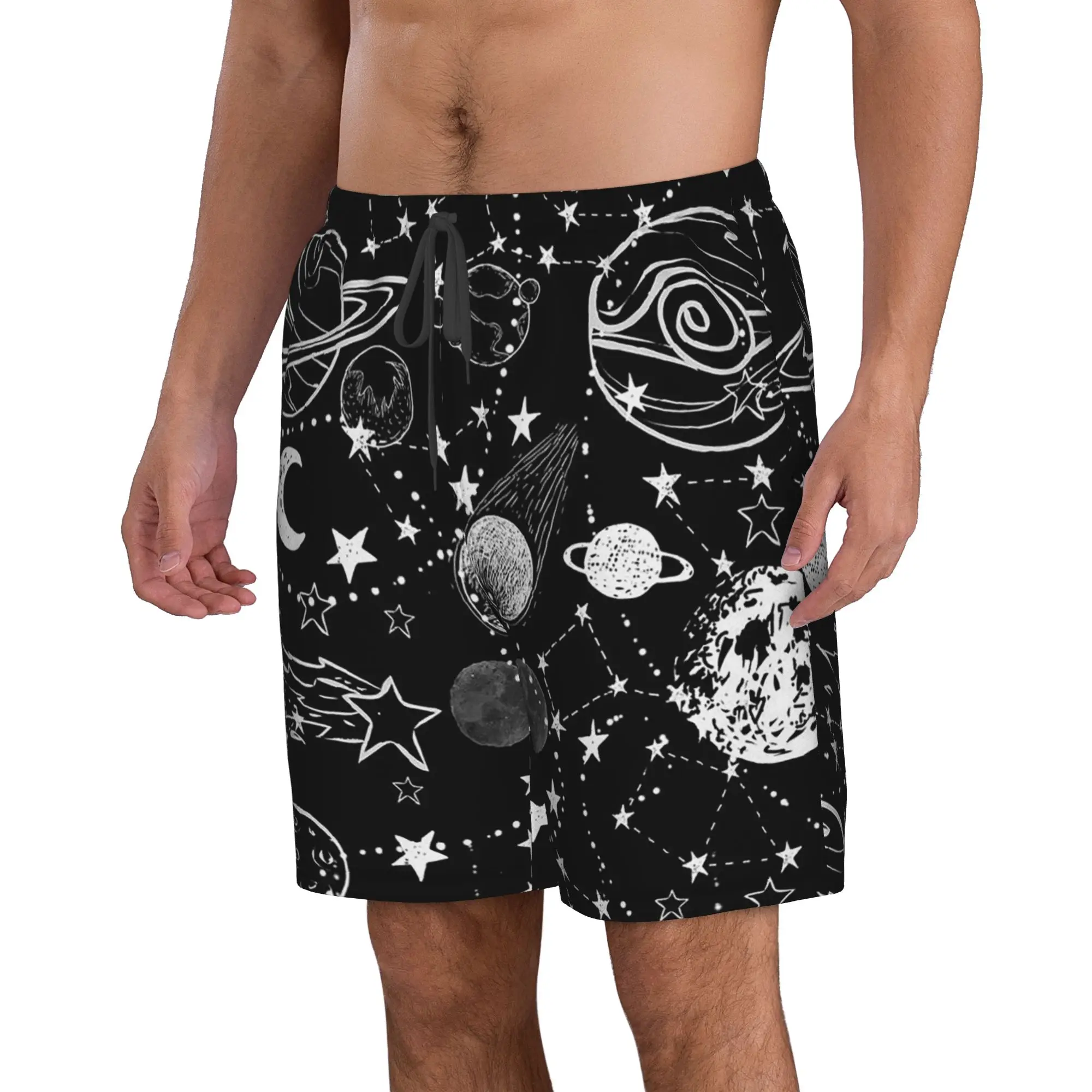Black White Star Galaxy Space Themed Trunks Beach Board Shorts Casual Quick Dry Swimming Summer Men Pants