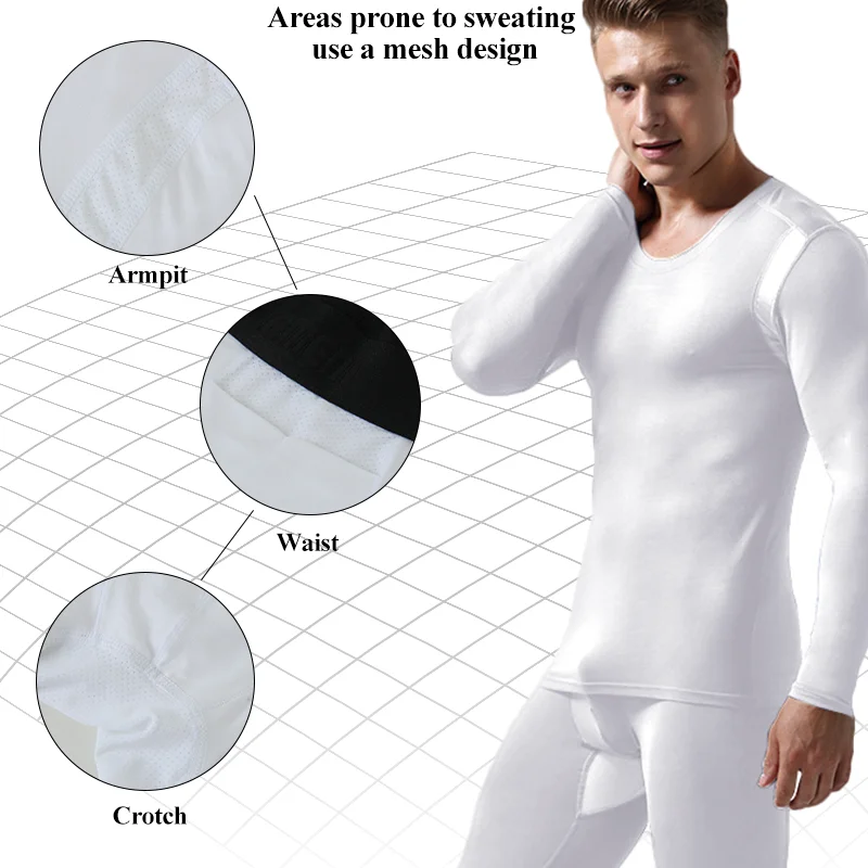 Winter Men Thermal Underwear Set Breathable Modal Fabric Mesh Design Long Johns Round Neck Soft Pajamas Keep Warm Top & Bottom