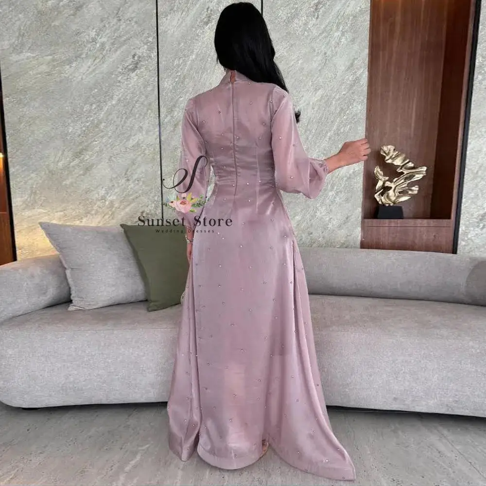 Customized Crystal A Line Evening Dresses Front Button Oranga Jacket Prom Gown High Neck Long Sleeve Dubai Wedding Guest Dress