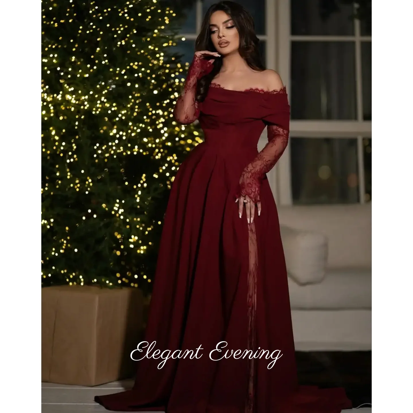 

Red Side Split Evening Dresses Off The Shoulder Prom Dresses Floor Length Customized Long Sleeves Pleated Lace Party Dresses