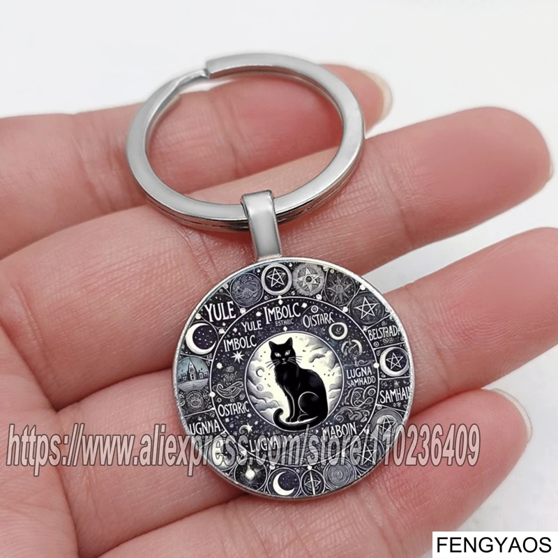 Wicca Wheel of The Year Black Cat Keychain Pagan Sabbat Calendar Glass Dome Key Ring Witchy Gothic Bag Charm Spiritual Gift