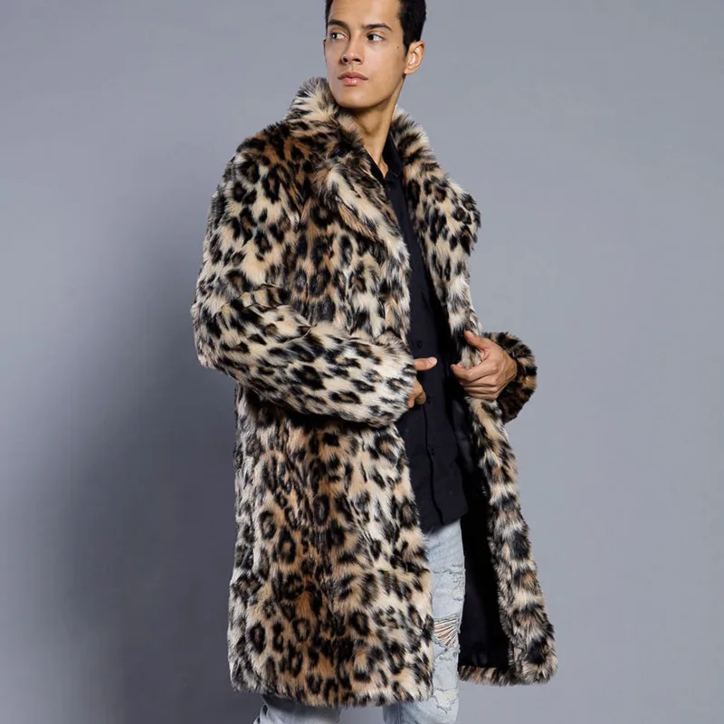 PFHQ Leopard Print Faux Fur Men's Suit Collar Jacket Warm Coat Autumn Winter 2024 Contrast  Color Long Sleeve Male Tops