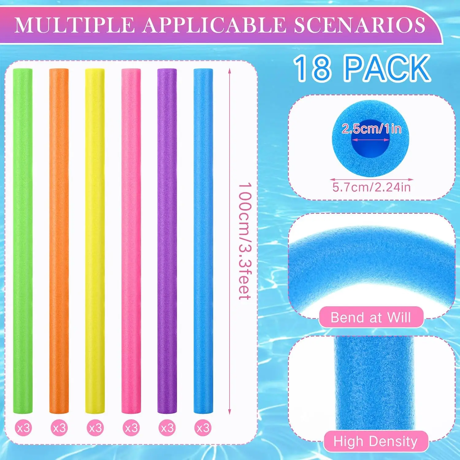 18 Pack Pool Noodles Bulk 39 x 2.24 inches Foam Pool Swimming Noodle Large Hollow Bright Foam Swim Noodles Floats Heavy Duty for Adults Floating Swimming Craft Project(Colorful) view 2