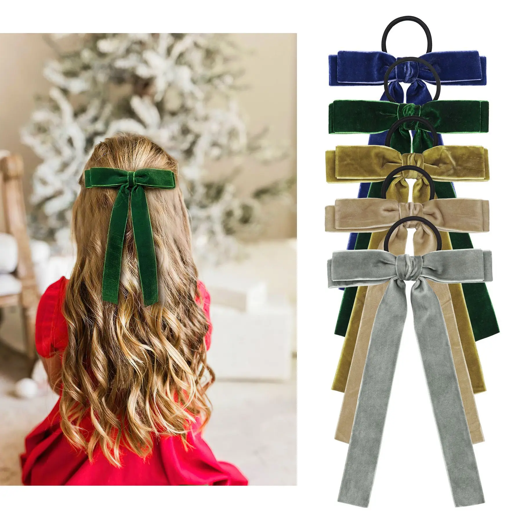 2PCS Velvet Hair Bows Elastic Hair Band Velvet Hair Ribbon Hairbands Hair Ribbons with Long Tassel Tail for Women Girls Toddlers