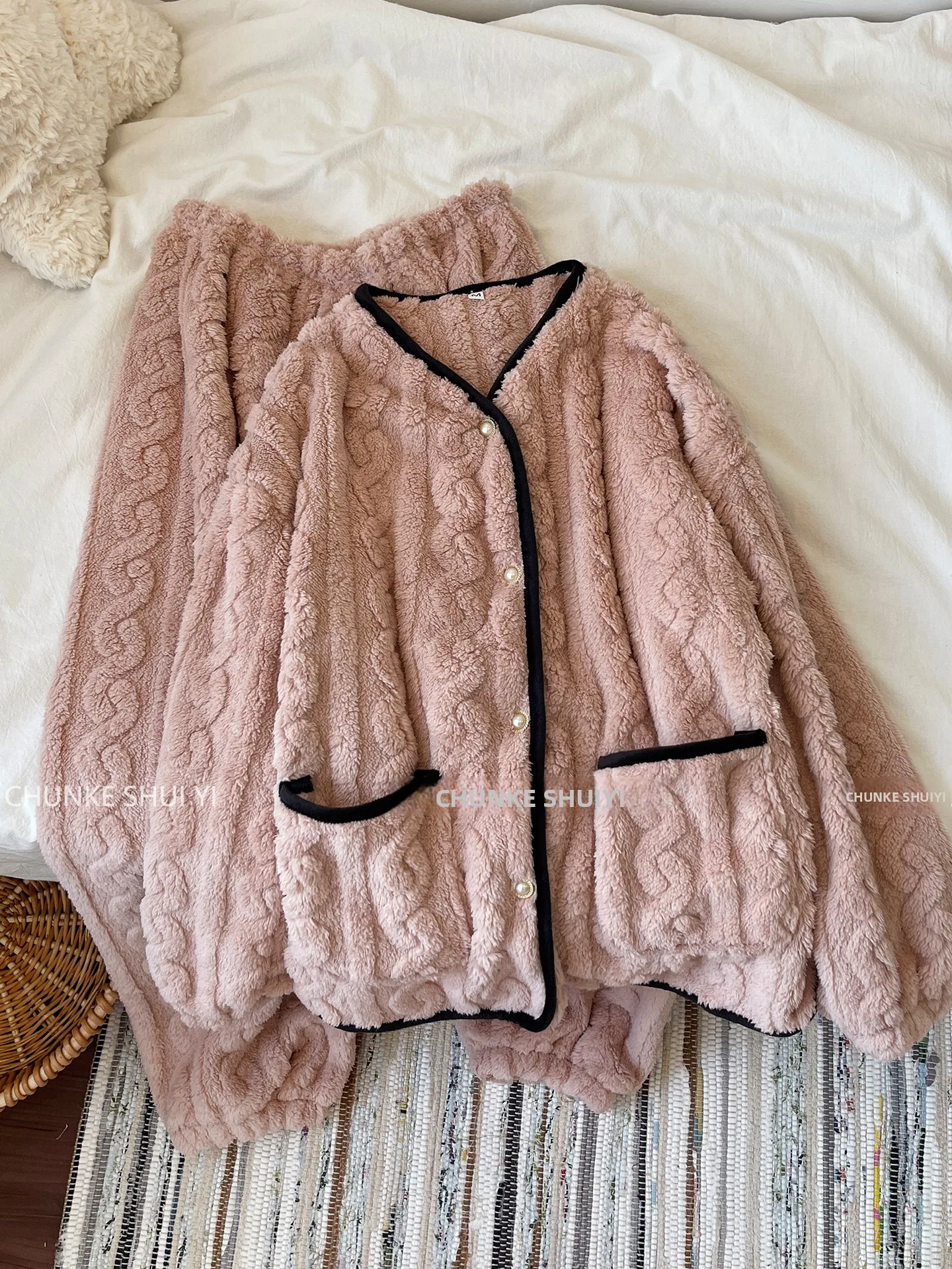 thickened-fleece-pajamas-set-women's-winter-home-clothes-coral-velvet-v-neck-long-sleeve-soft-warm-home-suit-two-piece-set