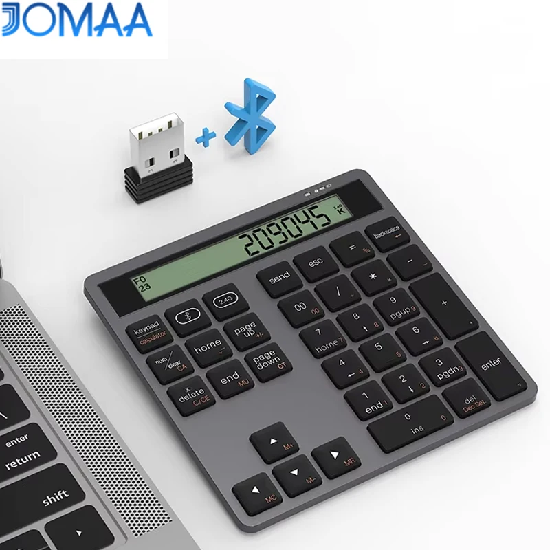 JOMAA USB Wireless Numeric Keypad with Screen Display Slient Click 2-in-1 Calculator Number Keypad for Phones Tablet Laptop