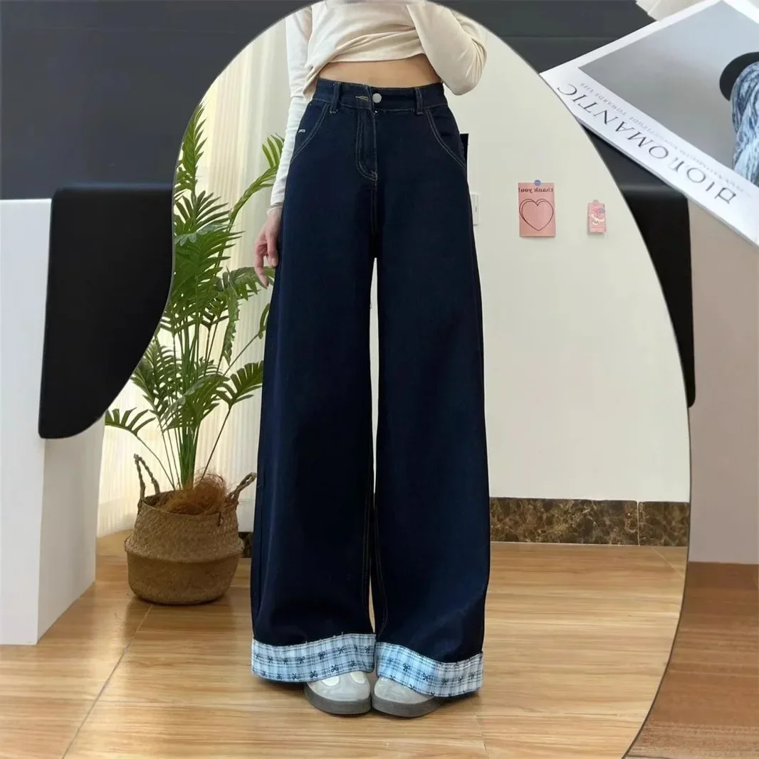 NICE Retro American Design Checkered Plaid Wide Leg High Street Jeans Women's Loose Fitting Floor-Length Slimming Trousers